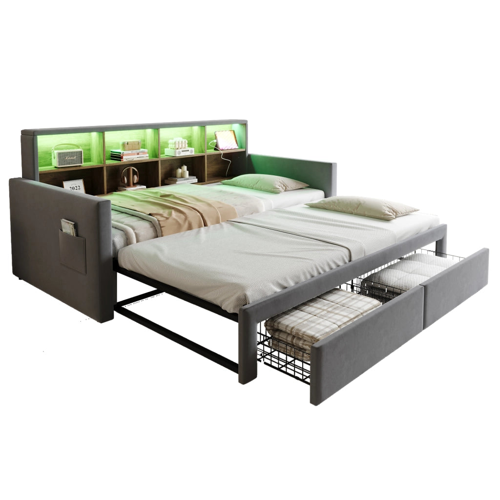 Letto divano 90×190 cm estensibile 180×190 cm con 2 cassetti; LED; USB e presa di tipo C; senza materasso; grigio