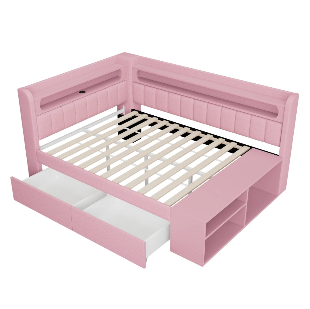 Letto Divano Letto Imbottito 90x200 cm Rosa con USB, LED e Armadio Scarpe Integrato