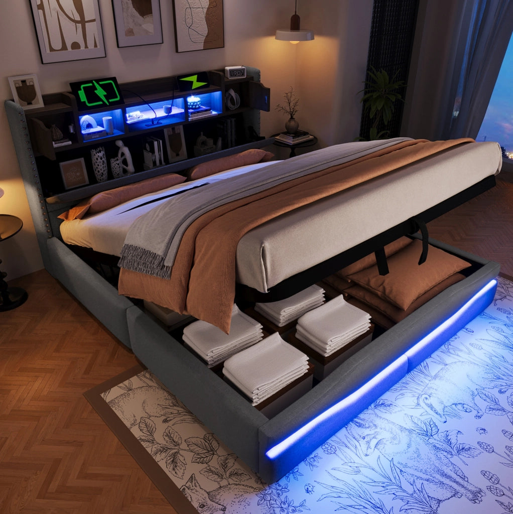 Letto imbottito 160x200 cm con contenitore idraulico, LED e USB-C grigio