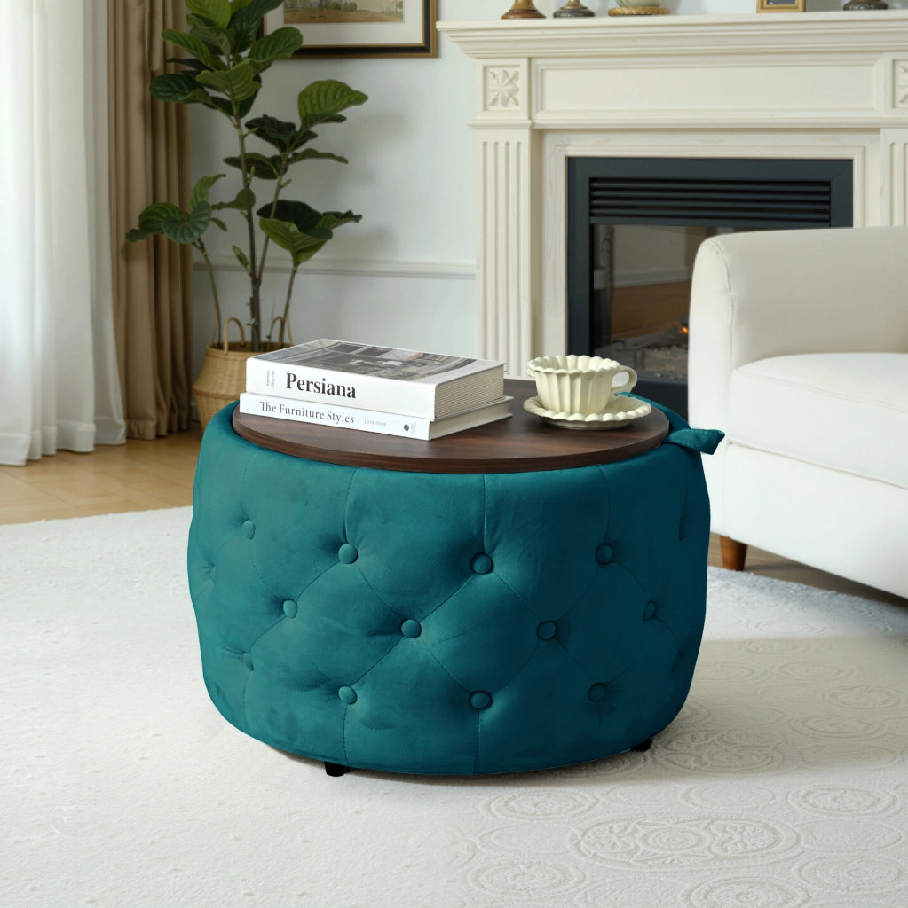 Set di 2 Pouf Nesting in Velluto Blu con Portaoggetti e Vassoio in Legno, Design Salvaspazio 4-in-1, Ø 58 cm