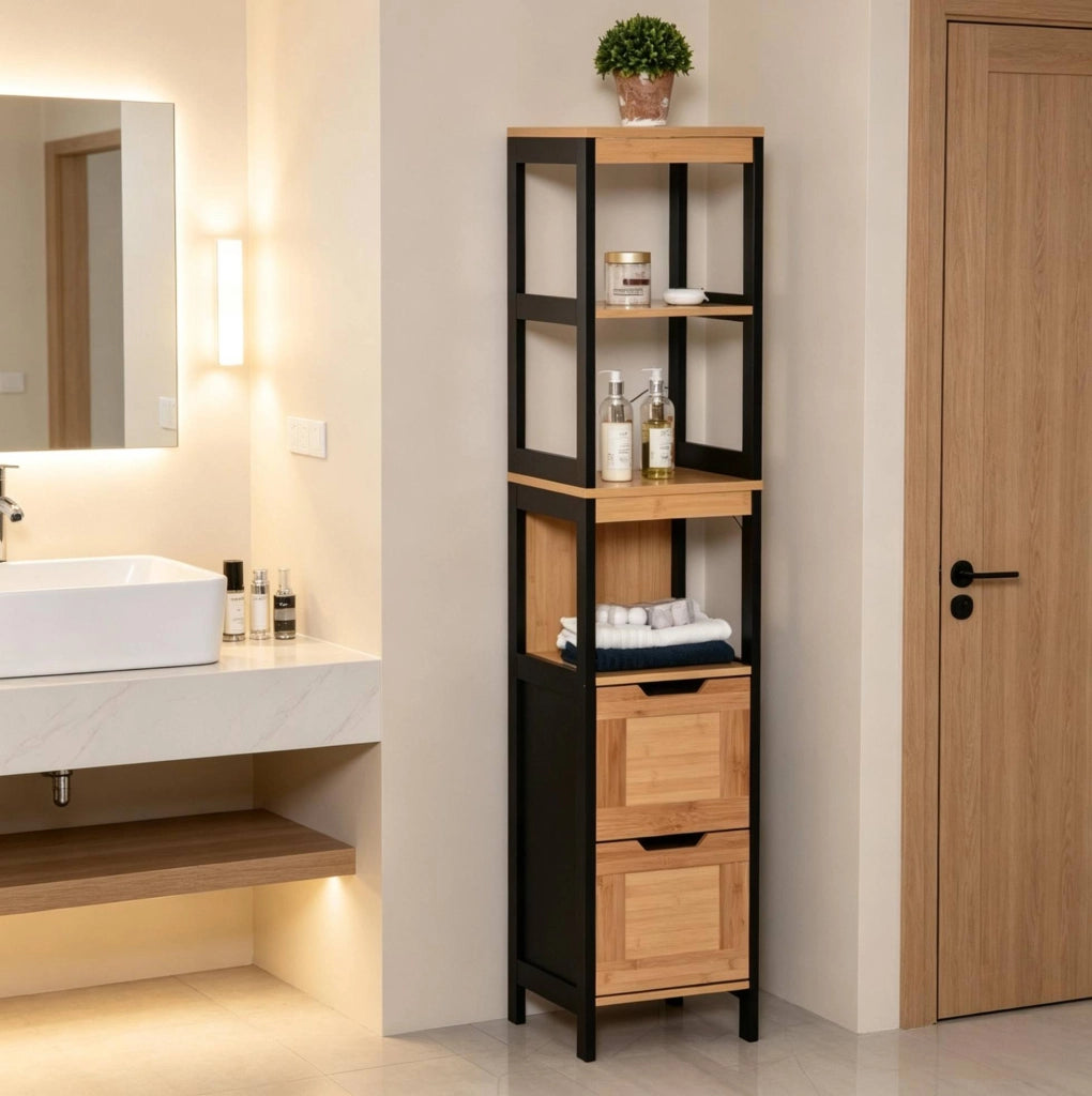 Mobiletto bagno alto in bambù e MDF con 3 ripiani e 2 cassetti, salvaspazio colore naturale e nero, 30x30x144,3 cm