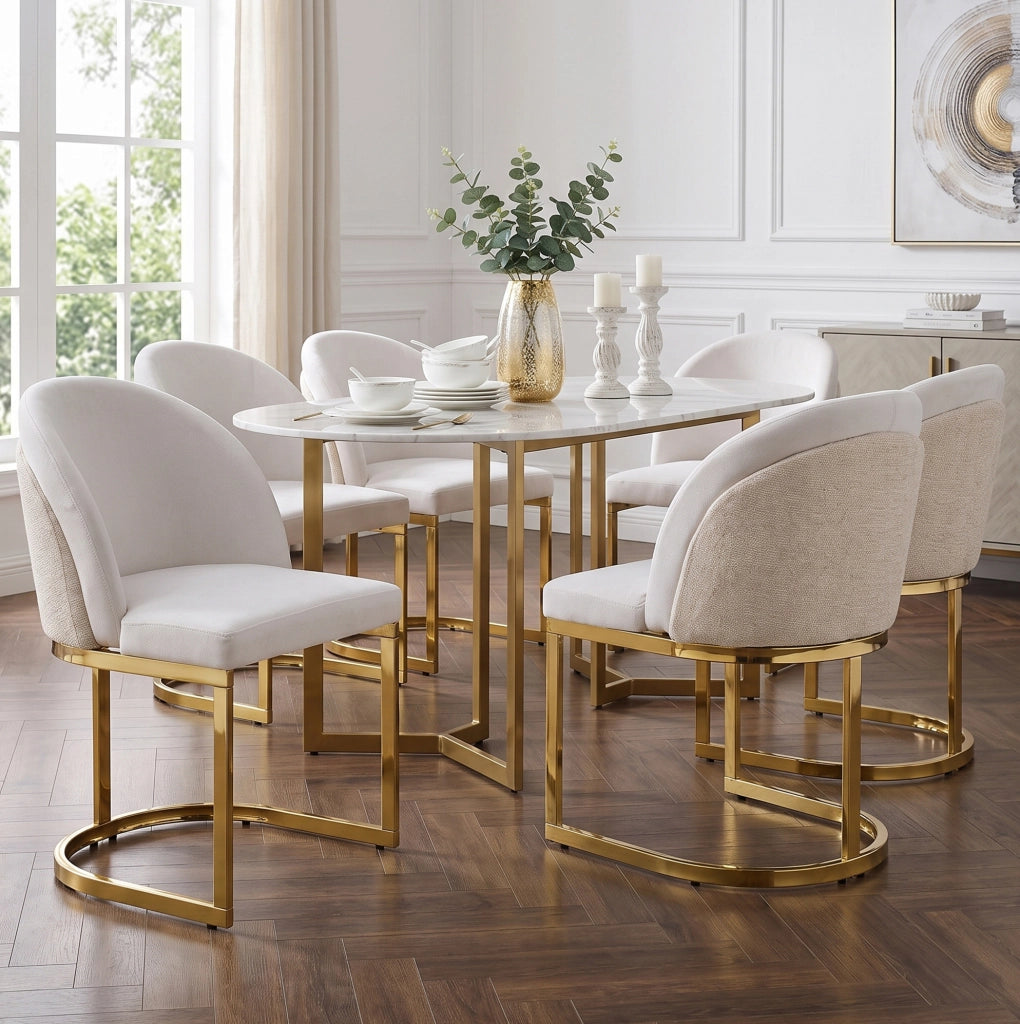 Set 6 sedie da pranzo in ciniglia beige con gambe metalliche dorate HOMVRA