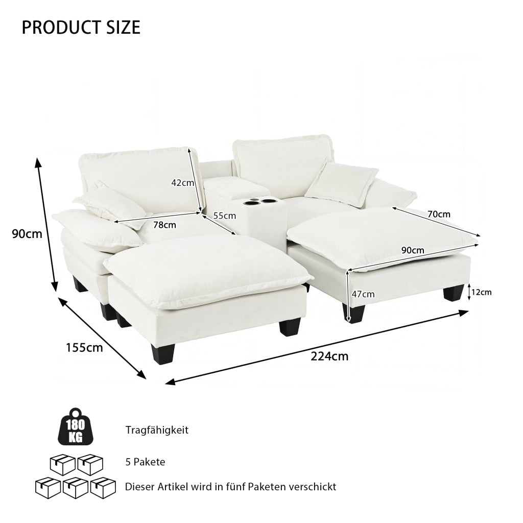 Divano modulare con contenitore; USB e portabicchieri con 2 pouf e 2 cuscini in chenille beige