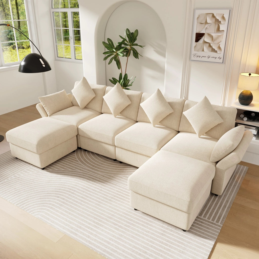 Divano modulare a forma di U/L in tessuto chenille beige con 2 pouf, 4 cuscini decorativi e 2 poggiatesta, braccioli regolabili