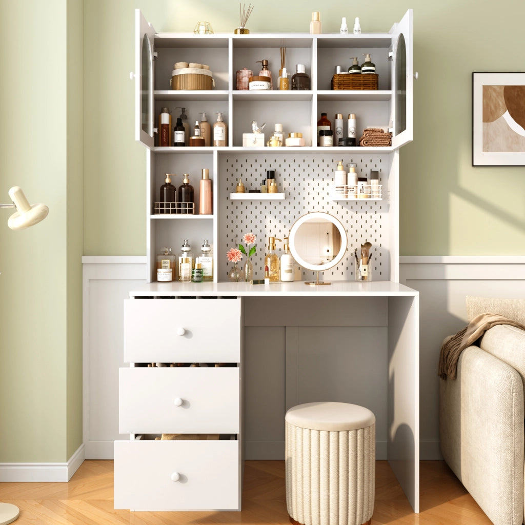 Scrivania dritta con vetrina, pannello portautensili e 3 cassetti, per studio, in MDF bianco, 100 × 55 × 180 cm