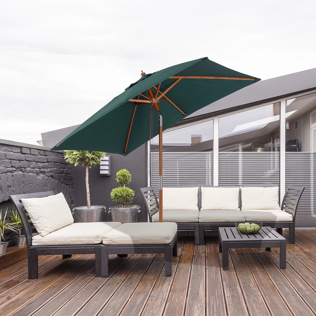 Ombrellone da Giardino 2x1.5 m Inclinabile con Palo in Legno 6 Stecche e Apertura a Corda, Verde