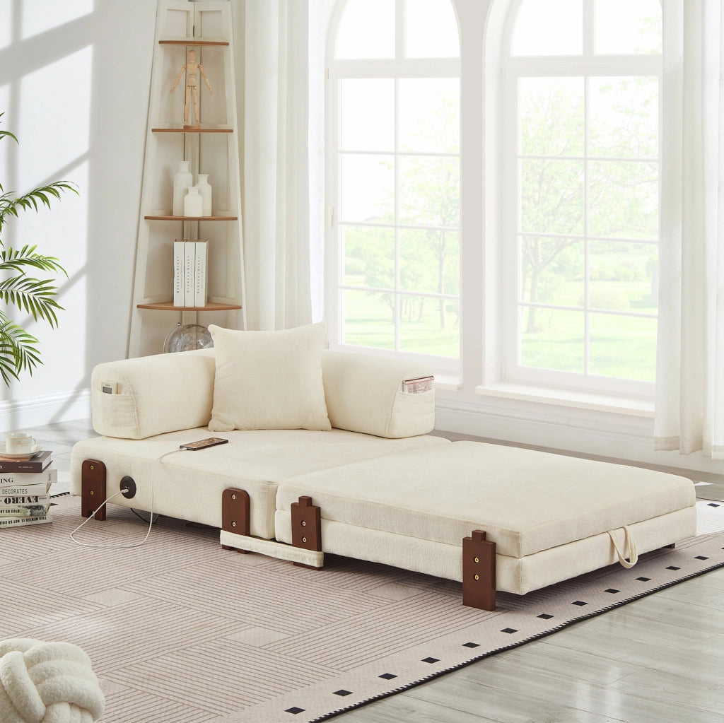 Divano letto pieghevole 2 in 1 170,5x84x48 cm beige con USB, Type-C e contenitore
