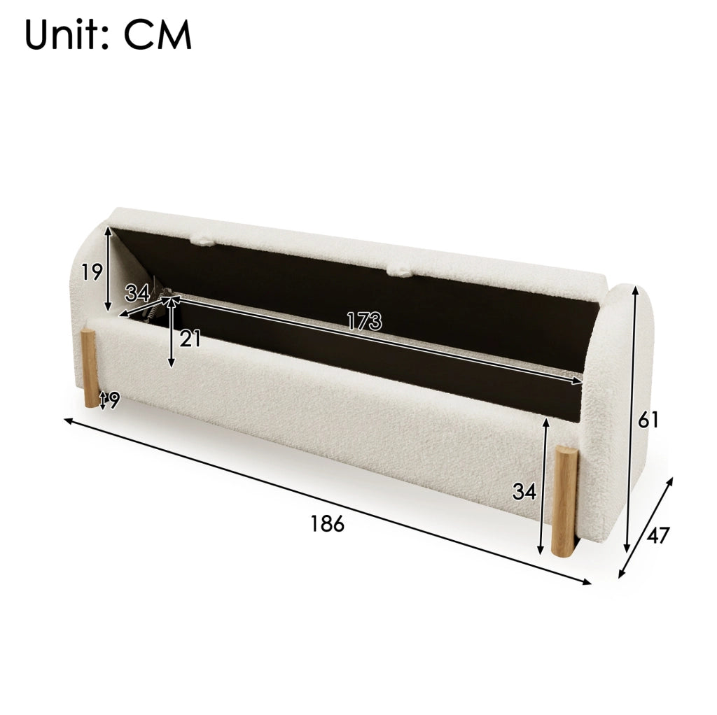 Panca contenitore bianca 186x47x61 cm con tessuto Chenille Bouclé e gambe in legno di gomma, raggio idraulico soft-close, carico max 150 kg