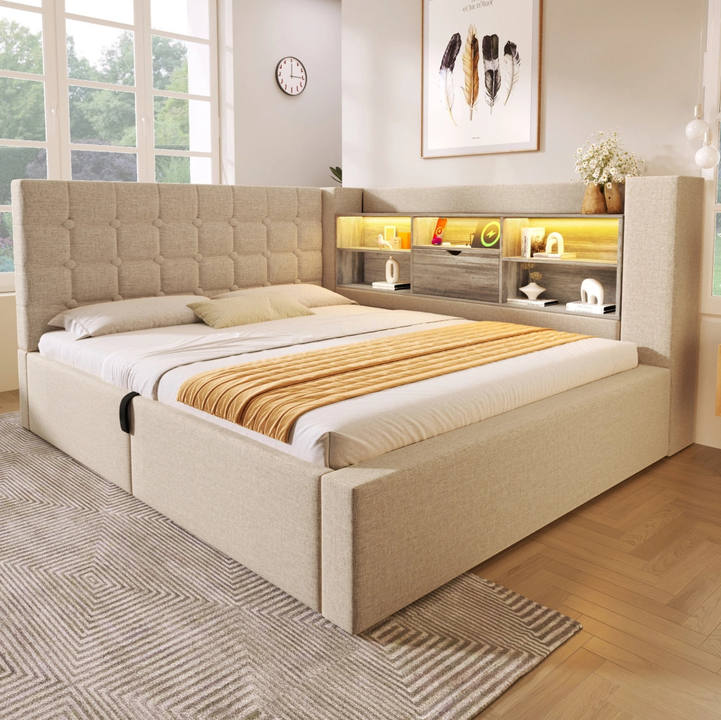Letto imbottito 140x200 cm beige con materasso, LED, USB e contenitore
