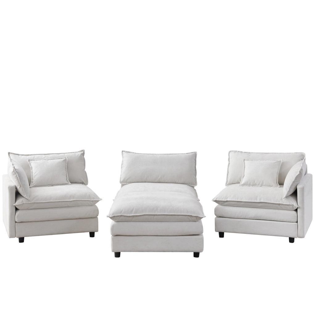 Divano angolare modulare a L 3 posti con chaise longue e pouf in tessuto chenille premium