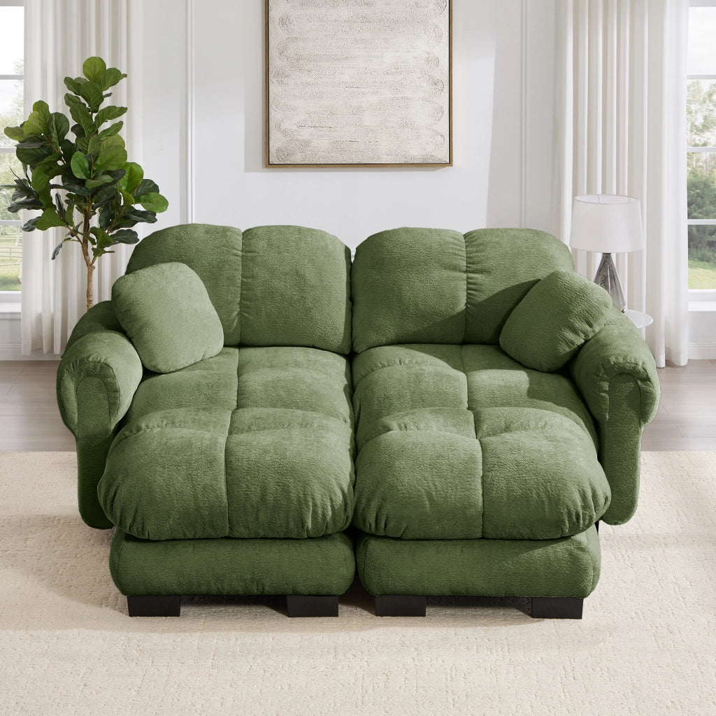 Divano panoramico modulare in ciniglia verde con pouf mobili e cuscini trapuntati 190 × 149 × 90 cm