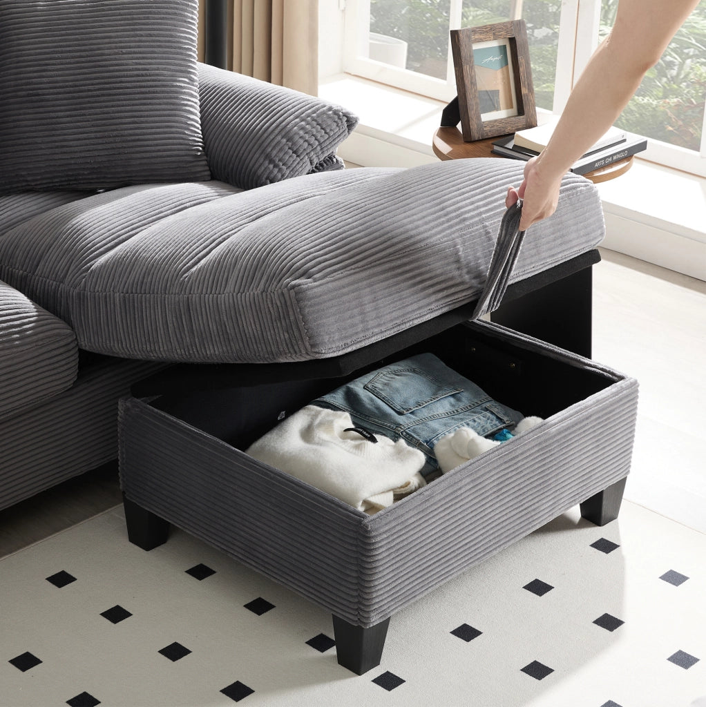 Divano modulare a U 4-5 posti 293x142x93 cm in velluto a coste grigio con contenitore; USB e portabicchieri HOMVRA