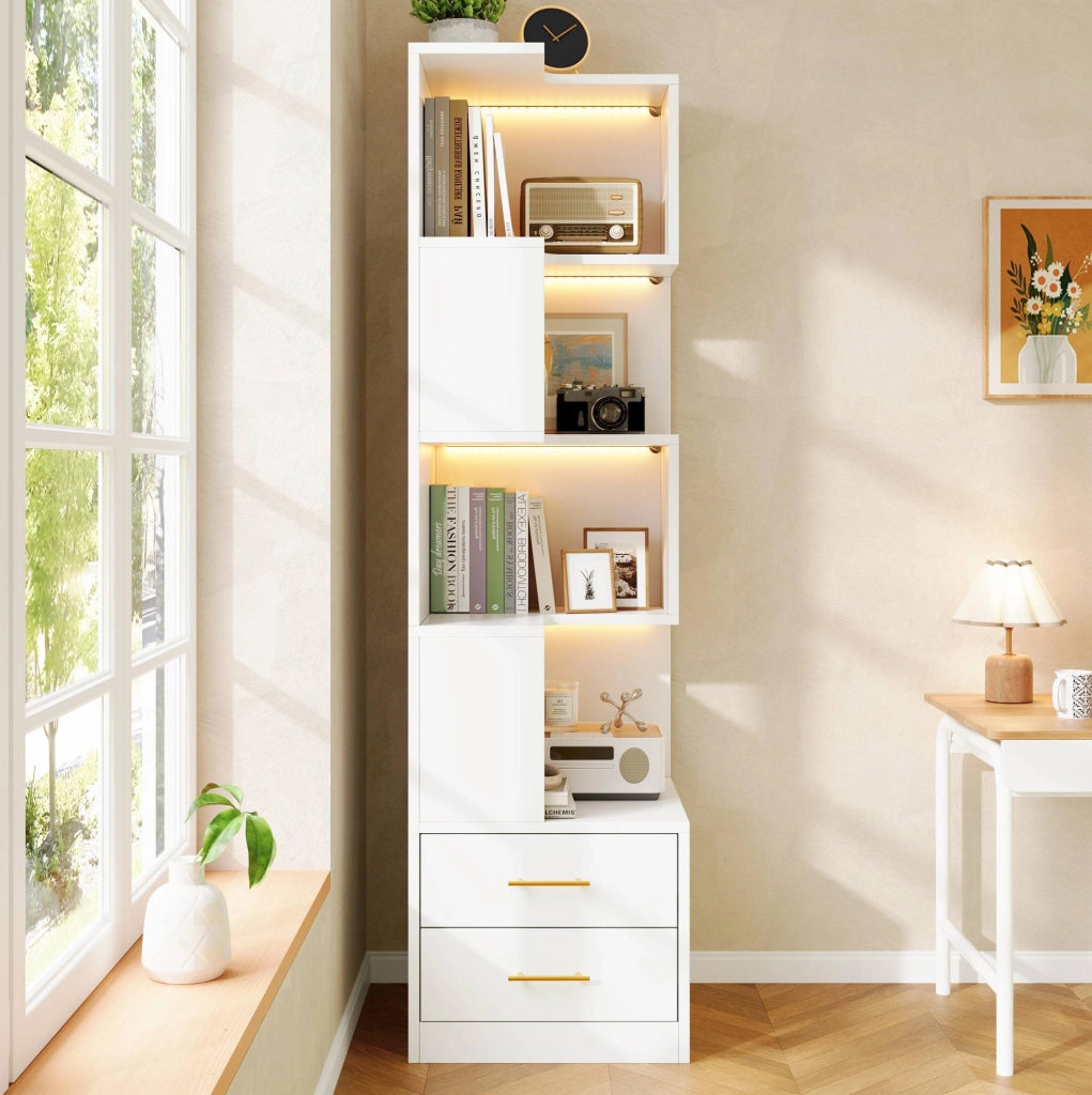 Libreria Angolare Bianca 165 cm con 4 Ripiani, LED Multicolore e 2 Cassetti, Mobile Soggiorno e Camera