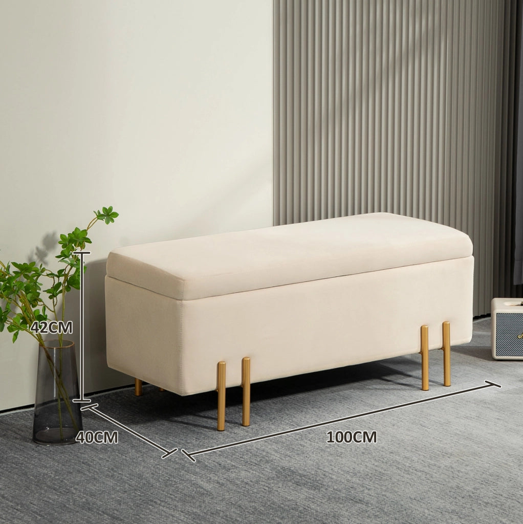 Panca contenitore 100x40x42 cm con imbottitura in poliestere beige e gambe in metallo