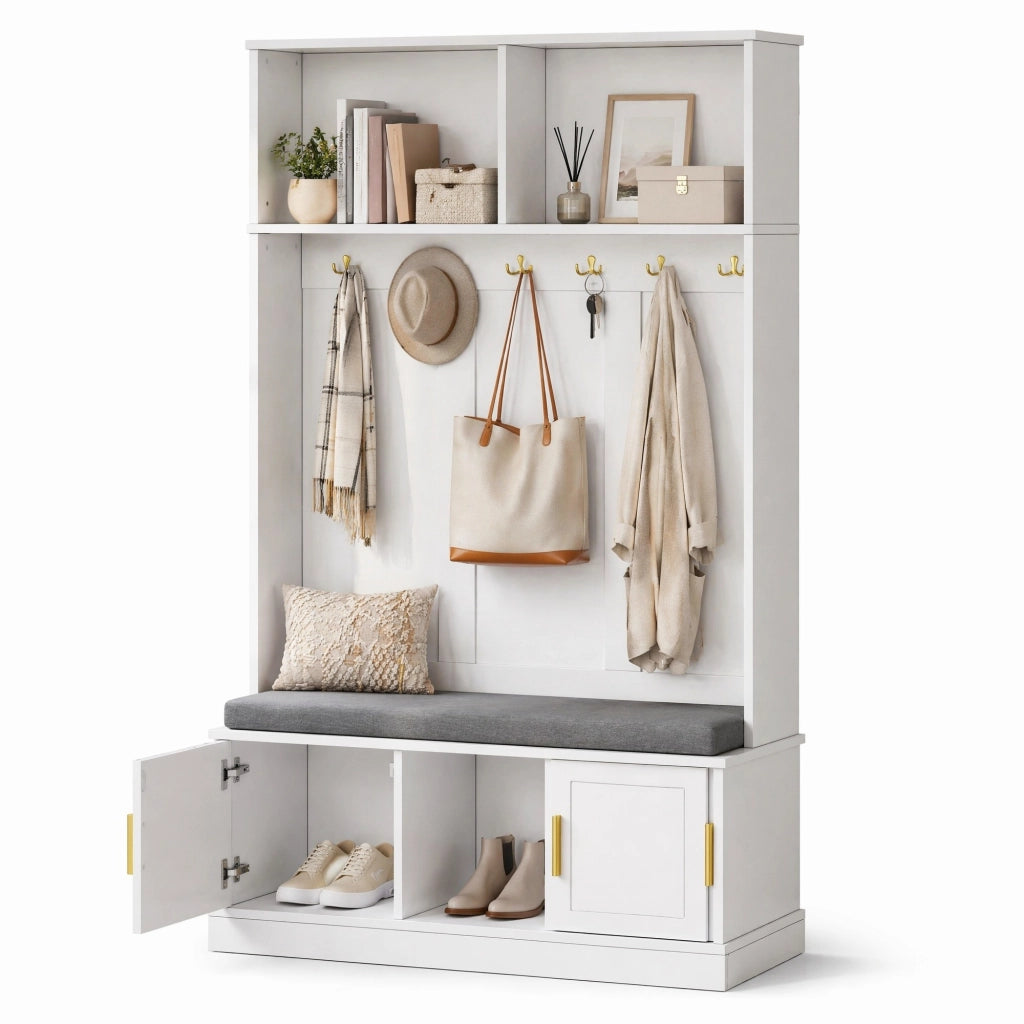 Appendiabiti da ingresso con panca e scarpiera; 120 ¡Á 40 ¡Á 191 cm; bianco