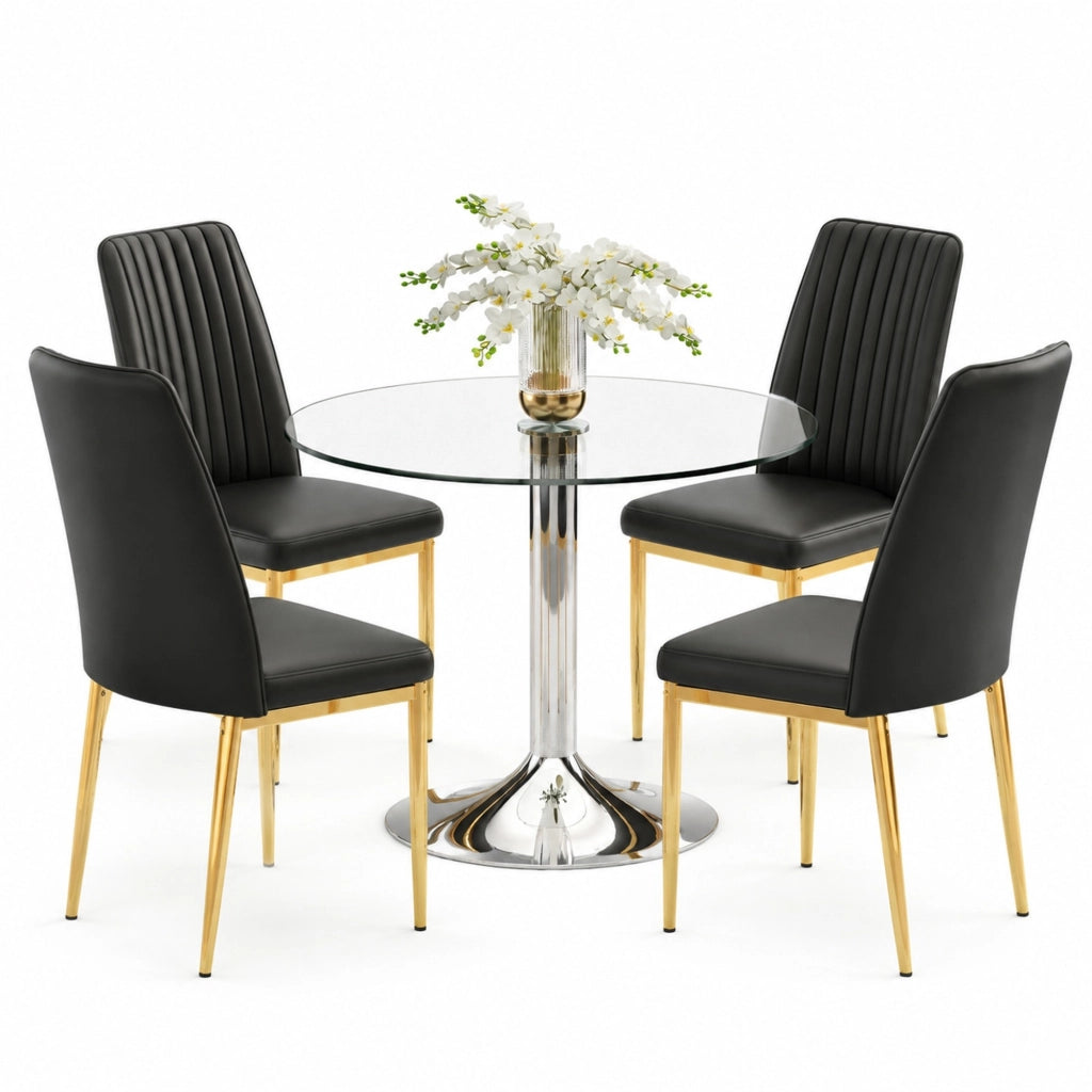 Set tavolo da pranzo e sedie con 1 tavolo rotondo e 4 sedie in vetro, metallo e similpelle nero, oro e argento