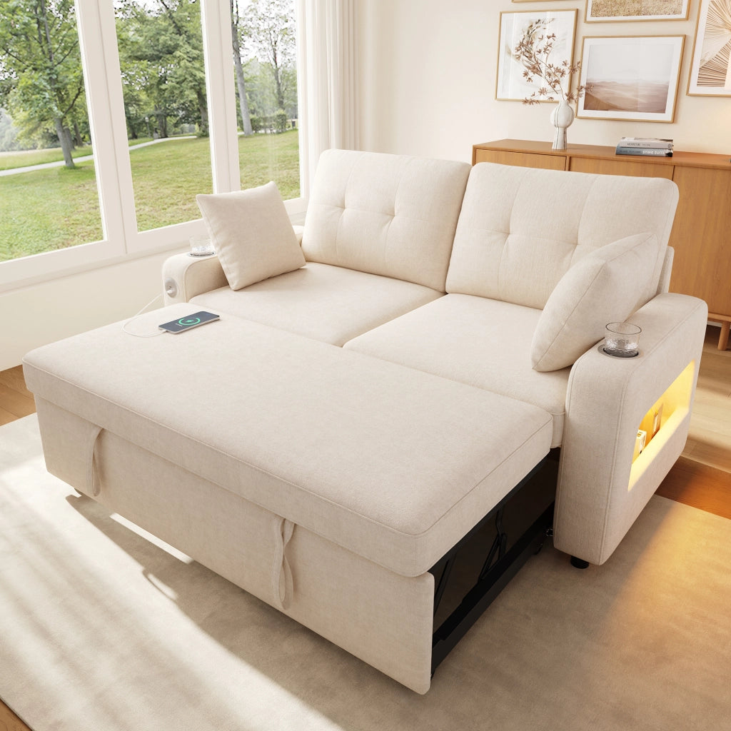 Divano letto 2 posti estraibile con LED, USB e USB-C in ciniglia beige