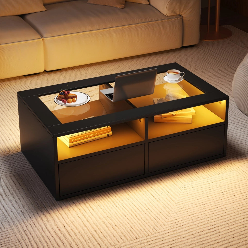Tavolino da caff¨¨ 100x50x35 cm con LED, vetro temperato e 2 cassetti nero