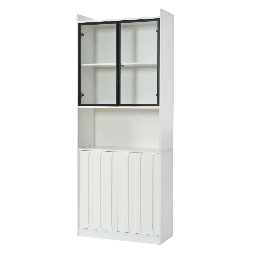 Vetrina con LED, 4 ante, 5 vani e ripiani regolabili per soggiorno e cucina in truciolare bianco, 80 × 35 × 200 cm