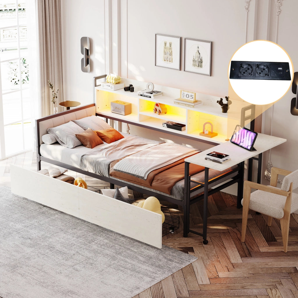Divano letto in ferro 90 x 200 cm con luce LED e contenitore, cassetti e presa multipla, scrivania estraibile, schienale - Bianco