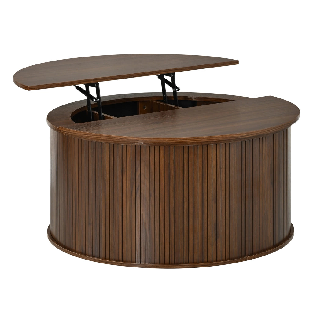 Tavolino da salotto rotondo in MDF effetto noce 88 x 88 x 53,5 cm con piano rialzabile e contenitore