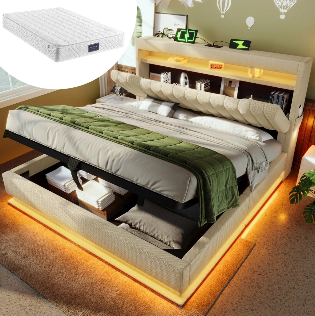 Letto matrimoniale 140x200 cm in lino beige con LED, USB e materasso
