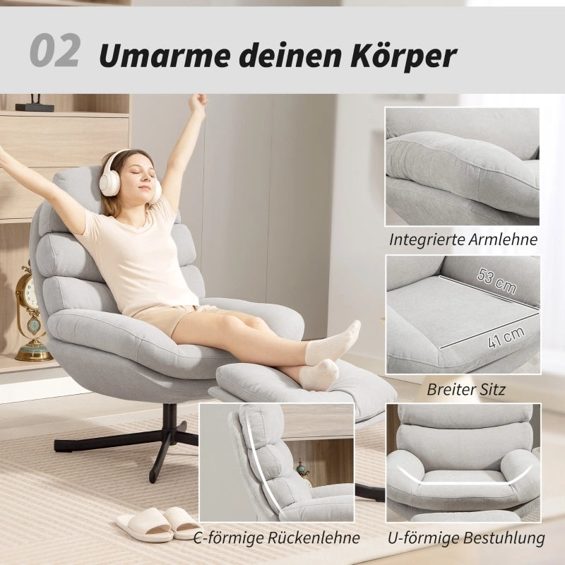 Fauteuil con pouf girevole a 360° con schienale alto e seduta ampia in tessuto chenille bianco crema