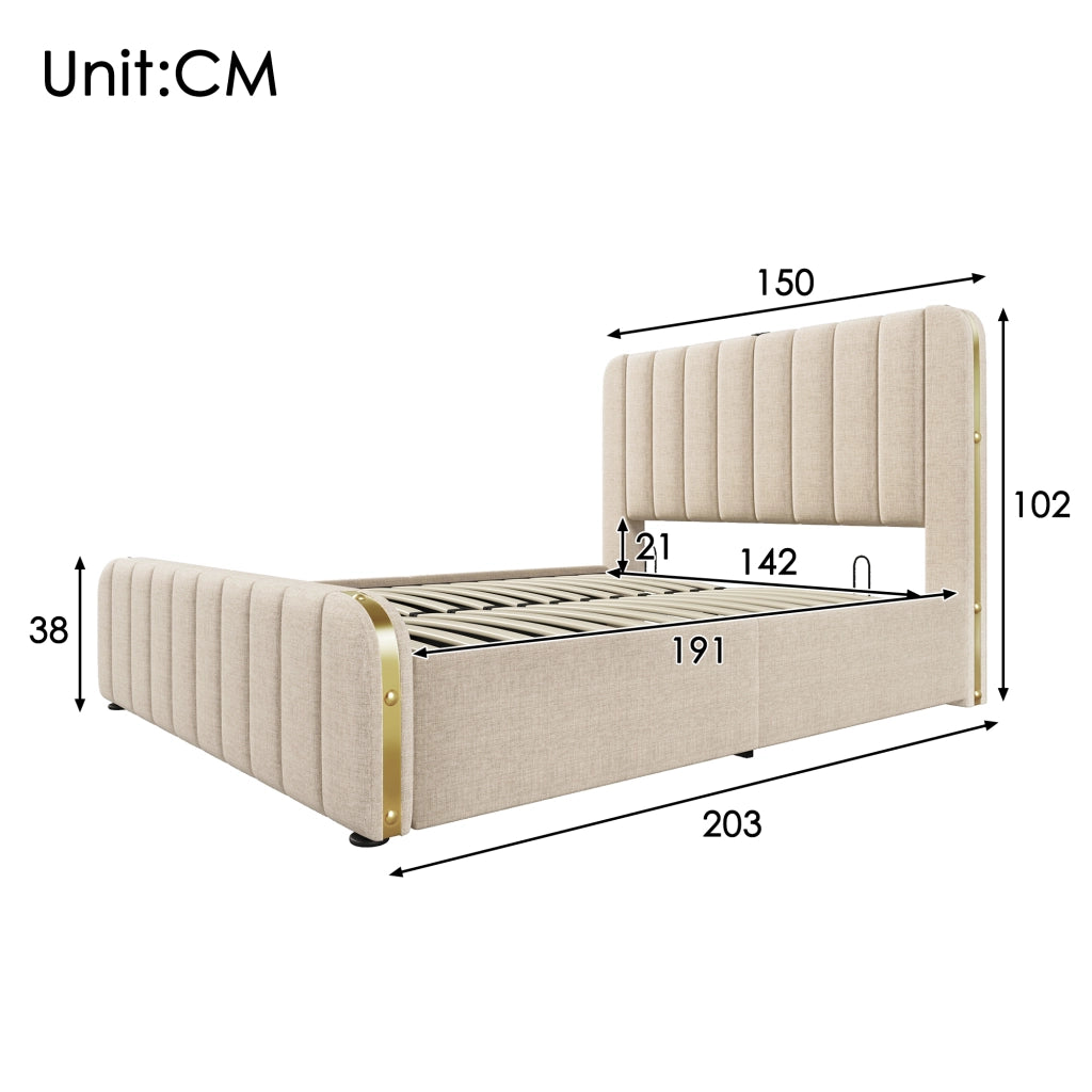 Letto contenitore 140 × 190 cm con testiera imbottita porte USB e Type-C struttura in metallo rivestita in lino beige