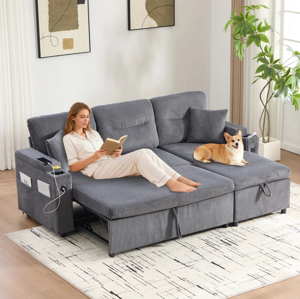 Divano letto 3 posti ULEVR 212,5x136x86 cm in velluto a coste grigio carbonio, chaise longue contenitore e USB-C