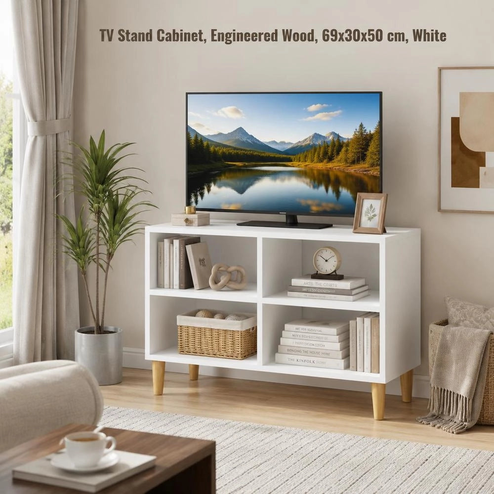 TV Cabinet With Solid Wood Legs White 69.5x30x50 Cm