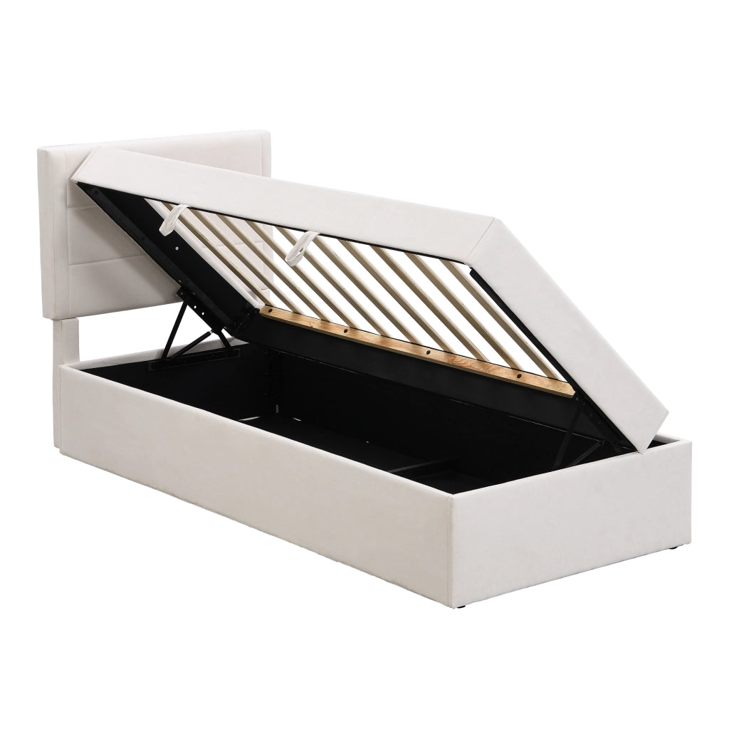 Letto singolo imbottito con contenitore e rete a doghe 90x200 cm; beige