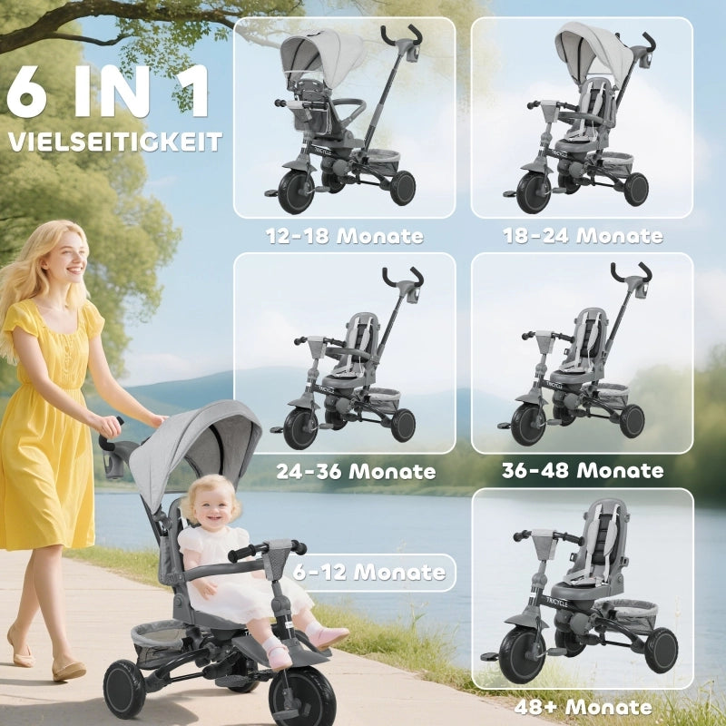 Triciclo per bambini, passeggino 6 in 1 per i pi¨´ piccoli, con maniglione, sedile regolabile, design pieghevole, rete di sicurezza, grigio