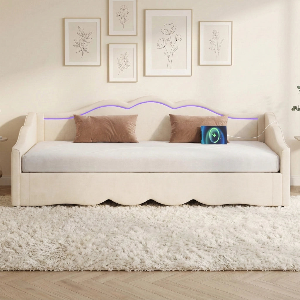 Letto estraibile imbottito 90 × 200 cm estensibile a 180 × 200 cm in velluto beige con LED USB e Type-C