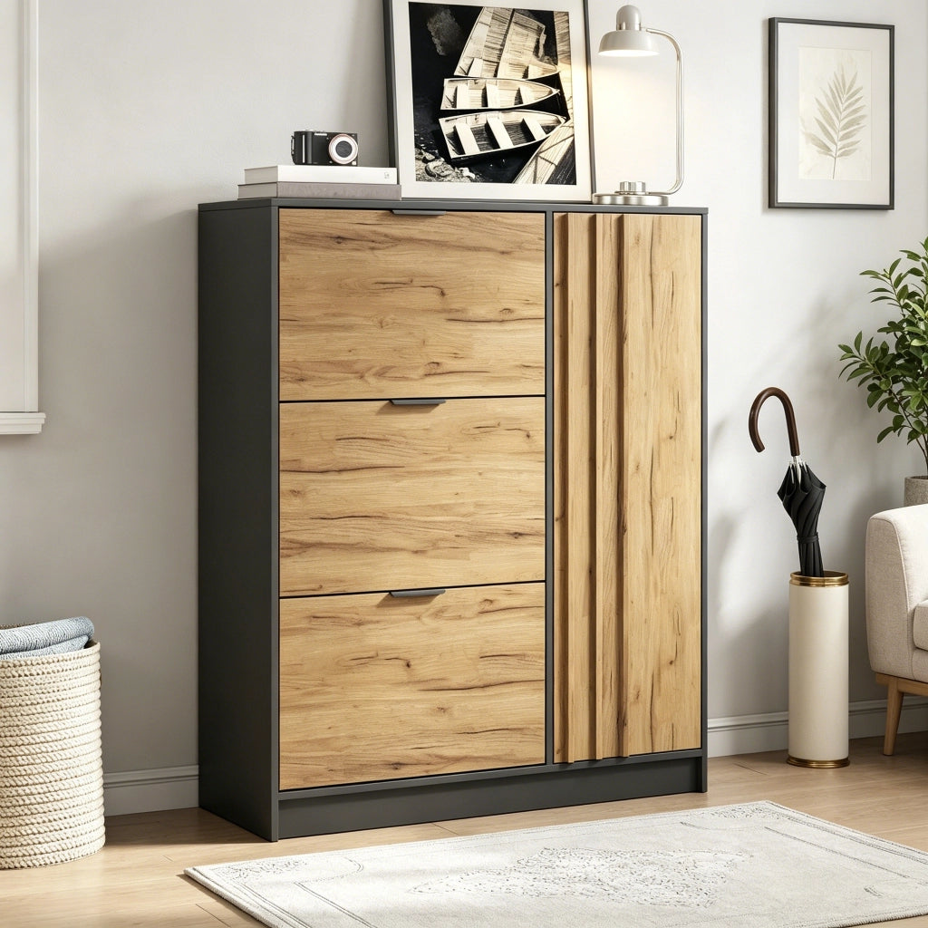 Scarpiera con 3 vani a ribalta e anta; ripiani rimovibili in MDF naturale e nero per ingresso 100 × 30 × 130 cm