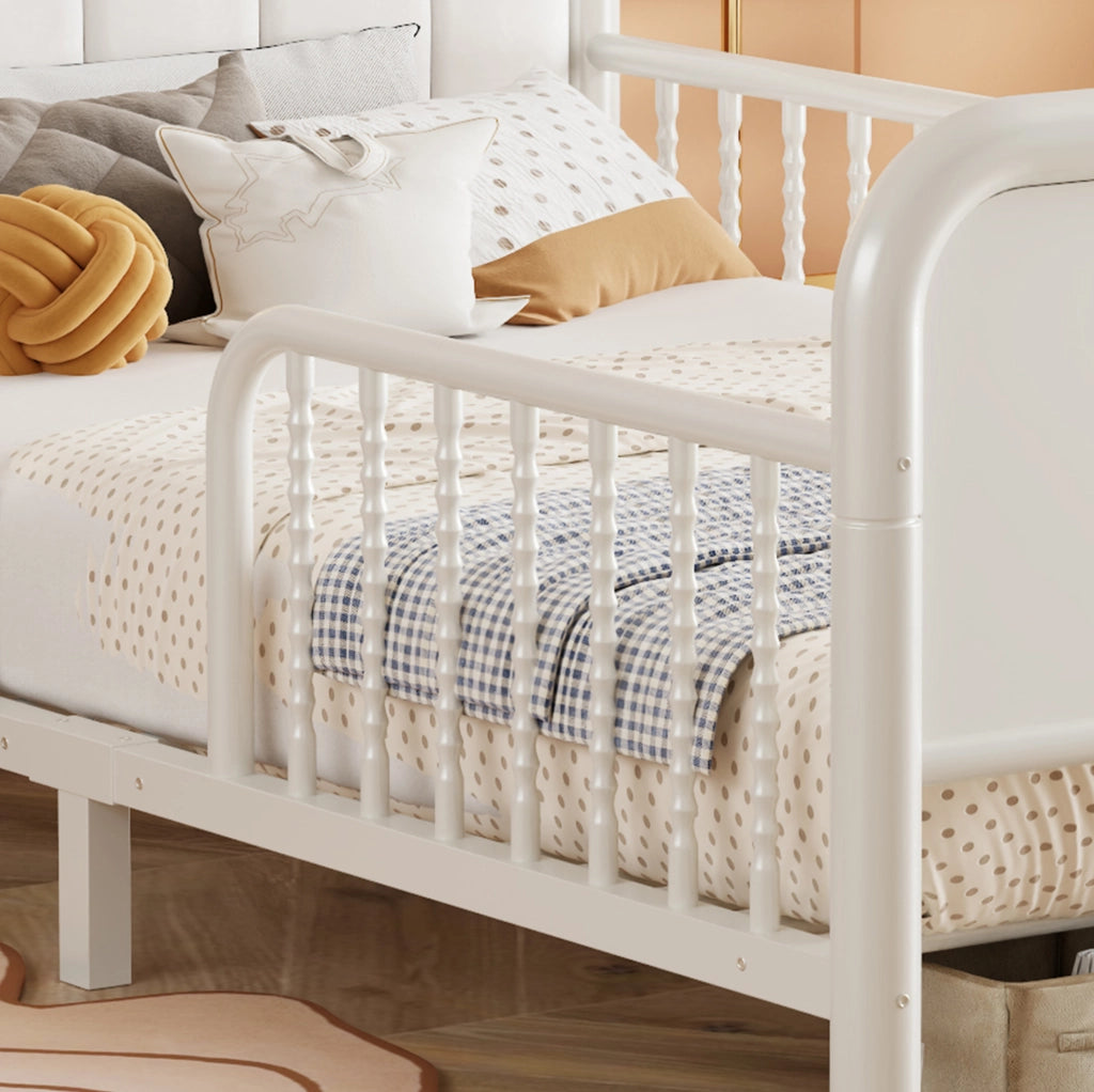 Letto singolo per bambini ULEVR 90x200 cm con sponde di sicurezza, testiera imbottita, vano e LED bianco