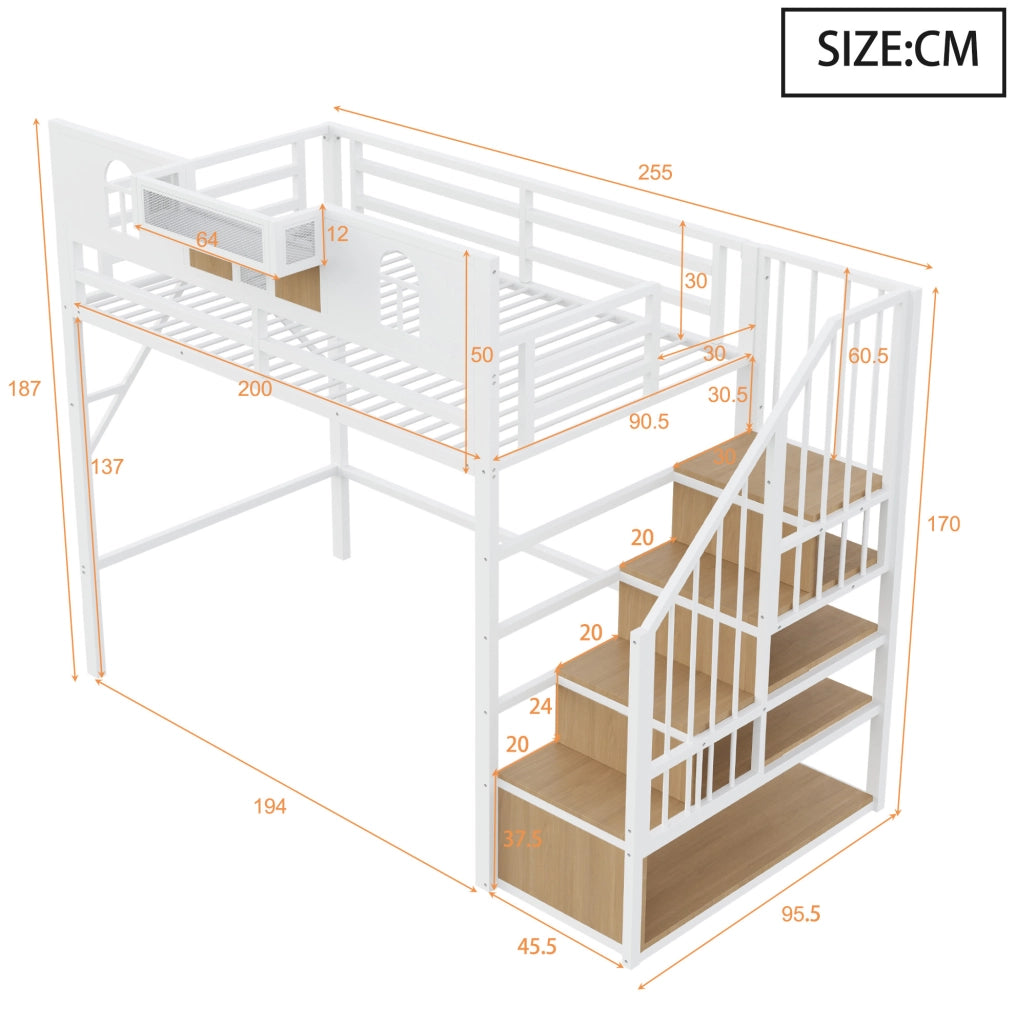 Letto a soppalco in metallo 90x200 cm con scala contenitore; mensola e luce; bianco
