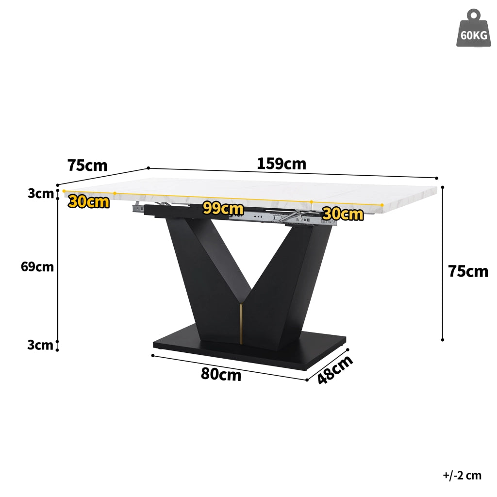 Tavolo allungabile da pranzo con piano in MDF effetto marmo guide in metallo bianco e nero 99–159 × 75 × 75 cm