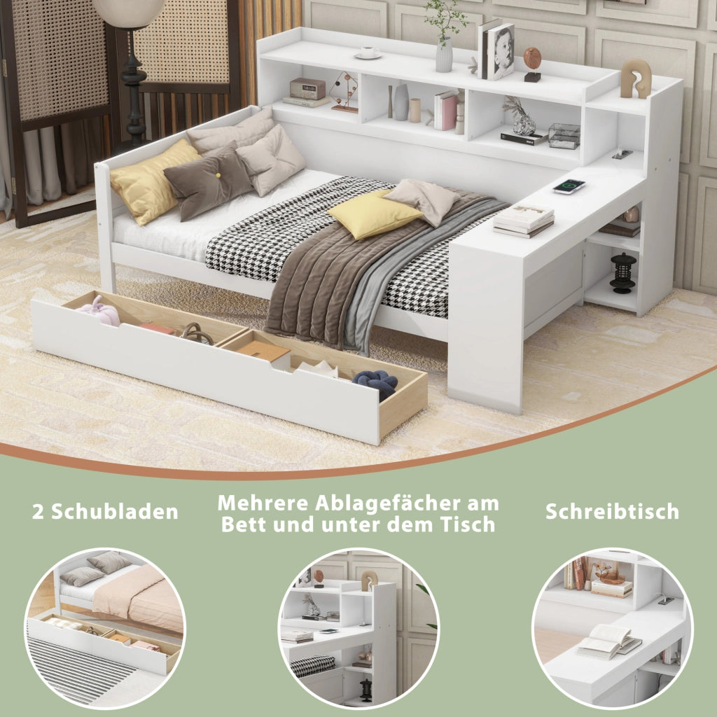 Letto Singolo 90 x 200 cm con USB; prese e 2 cassetti; scrivania in truciolare Bianco