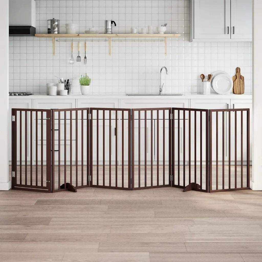 Cancelletto per cani con porta pieghevole 6 pannelli marrone 300 cm in legno di pioppo 352199