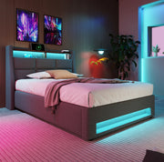 Letto imbottito 90x200 cm con materasso, LED, USB e contenitore in lino grigio