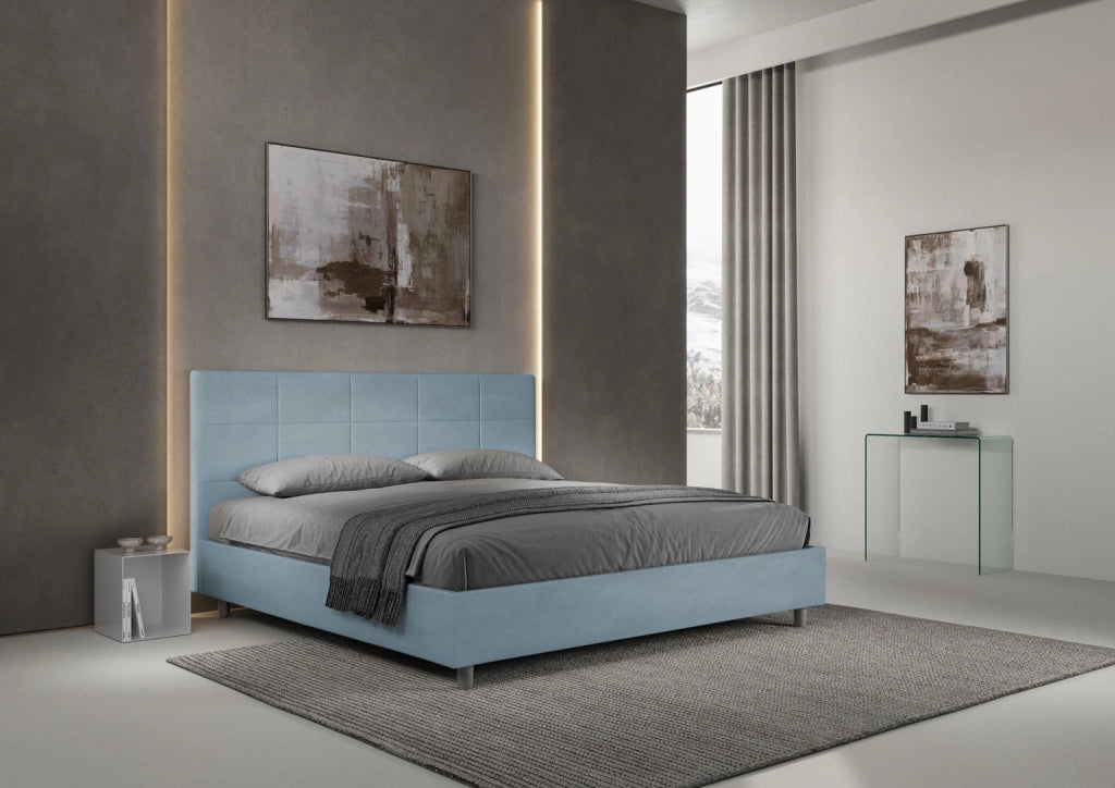 BS COM Letto matrimoniale king size contenitore imbottito 190x190 microfibra azzurro