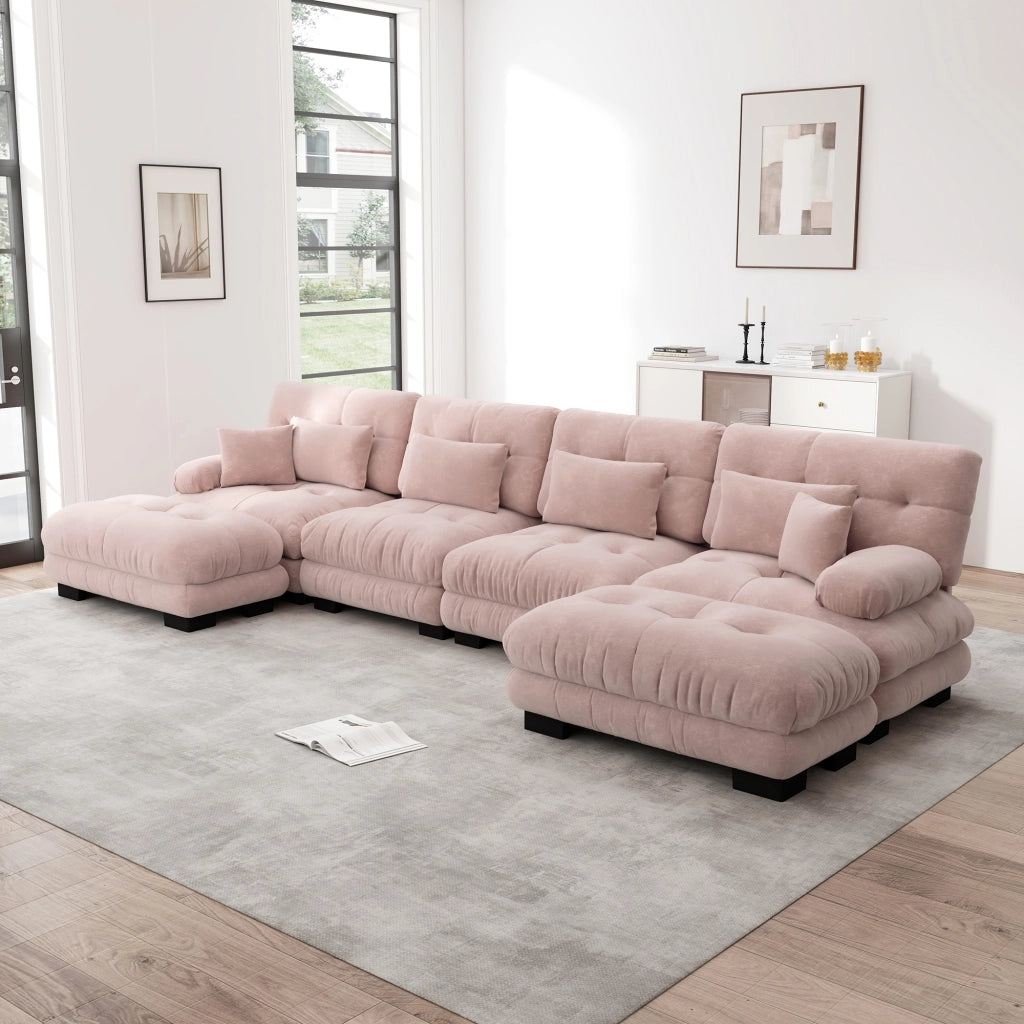 Divano modulare a U 4 posti con ottomane mobili e cuscini di sostegno, in ciniglia rosa 406 × 145 × 81 cm