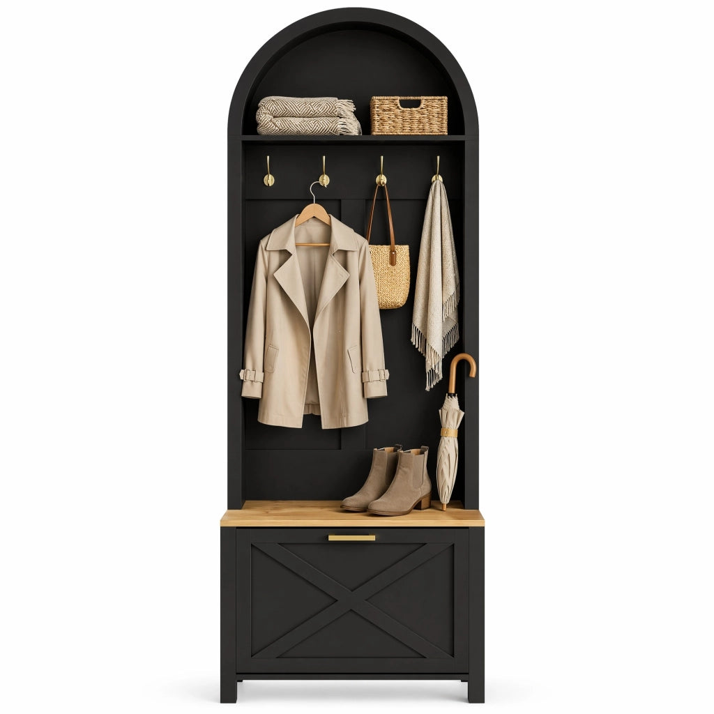 Mobile guardaroba 75x35x195 cm nero e legno MDF con appendiabiti e scarpiera