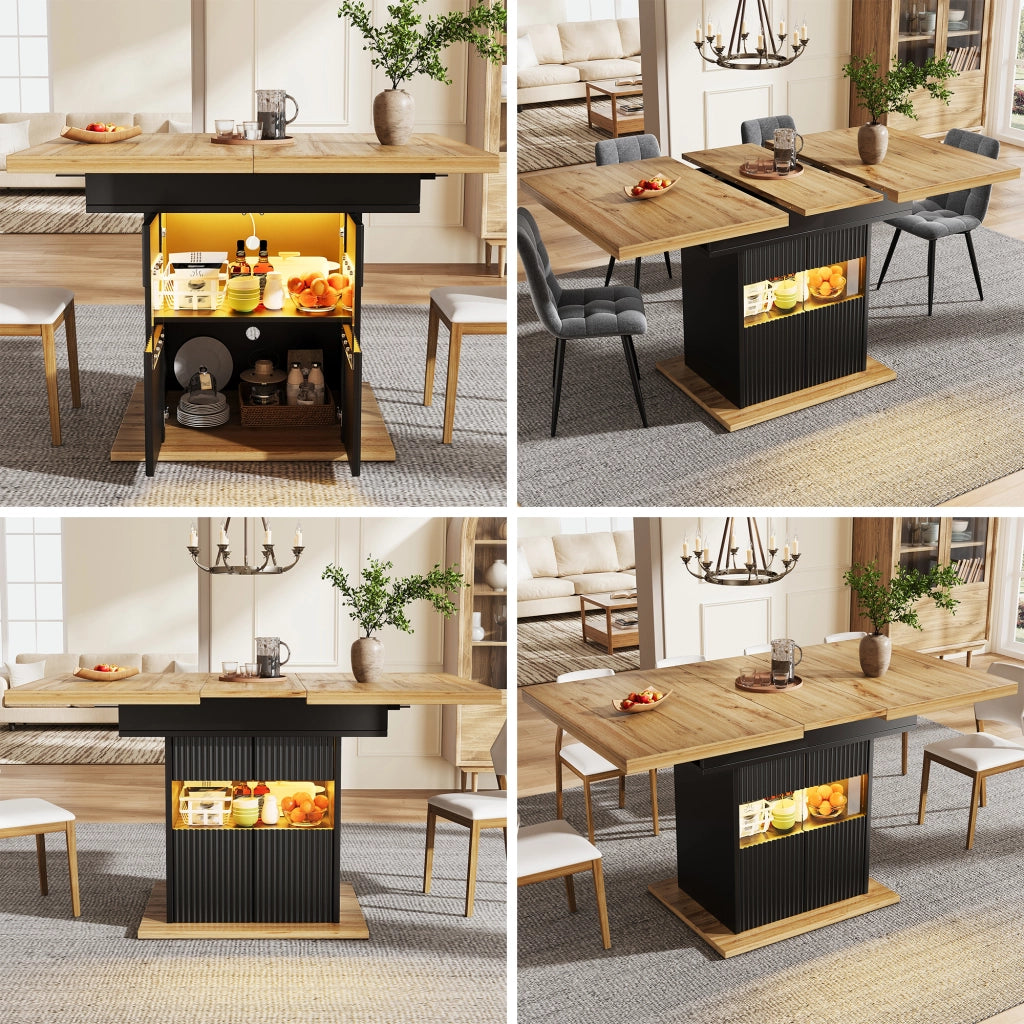 Tavolo da pranzo allungabile 110-140x80 cm con vano contenitore LED; MDF nero effetto legno
