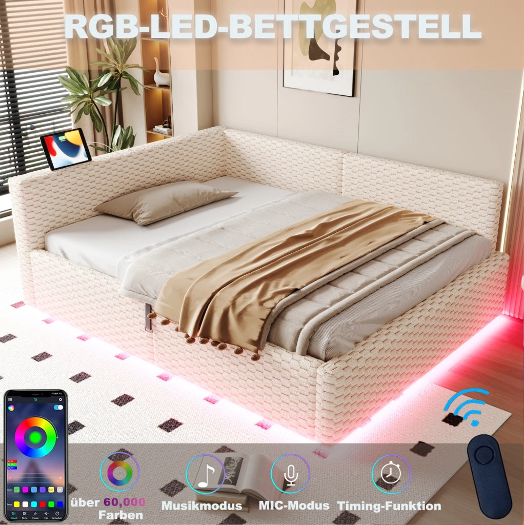 Multifunktionsbett 140x200 cm con LED; USB-C e vano contenitore; velluto beige