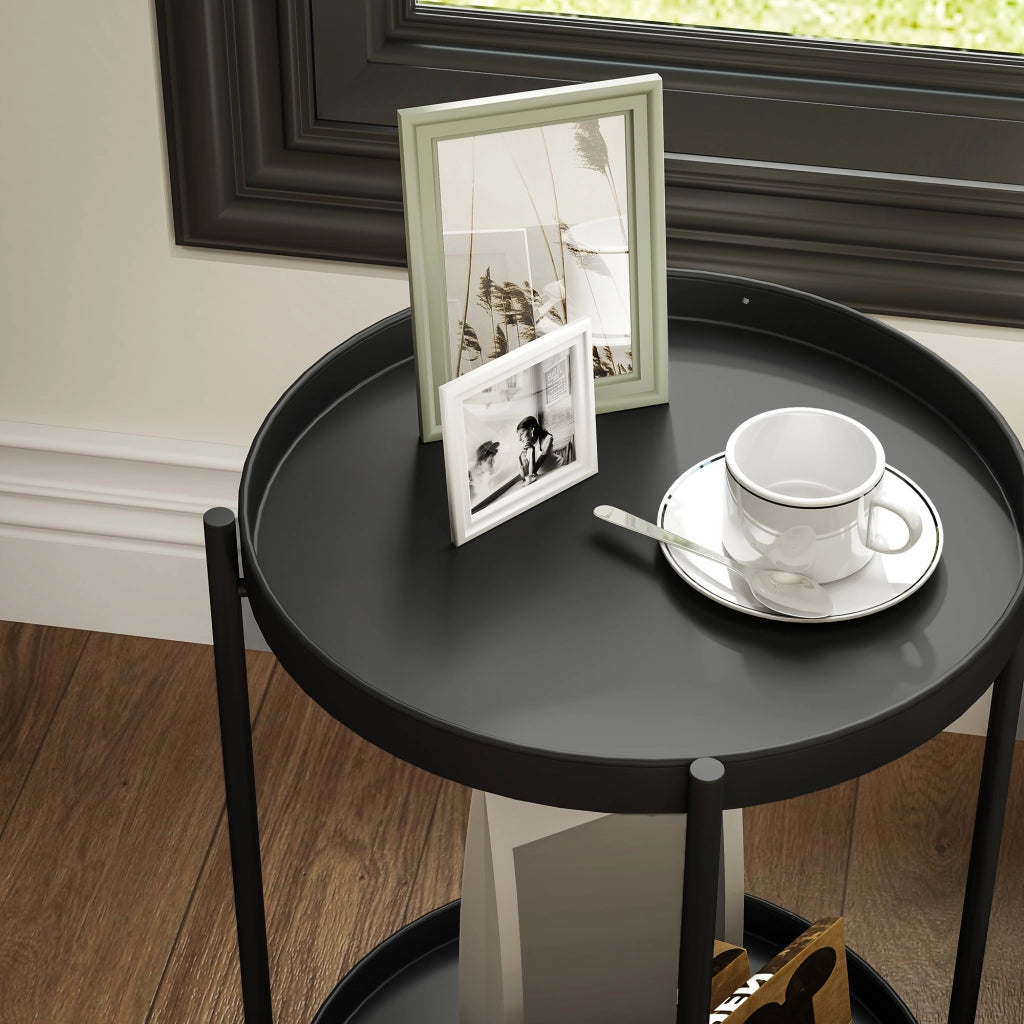 Tavolino rotondo 44x44x56 cm con 2 ripiani in acciaio nero