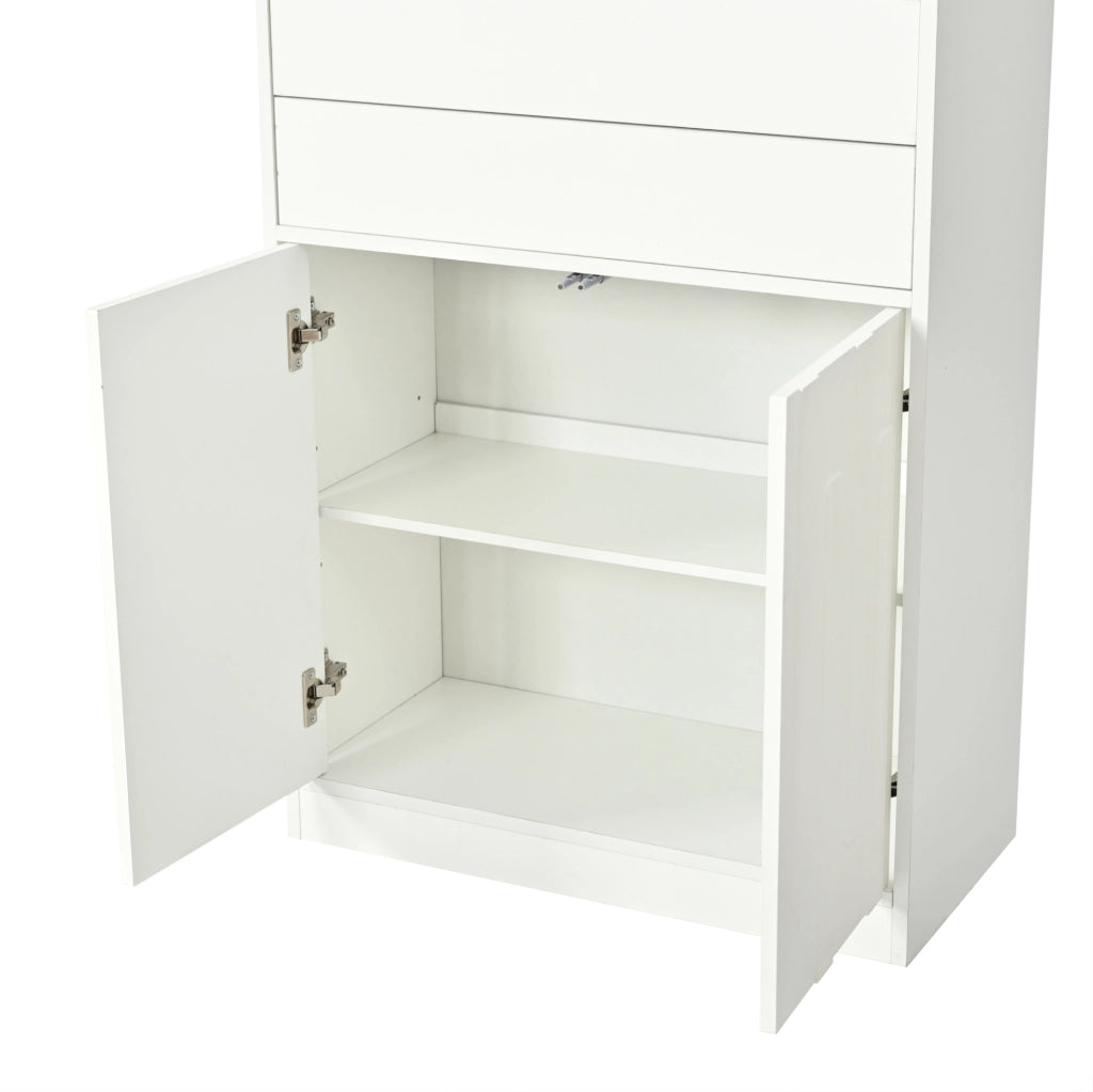 Vetrina alta 70×34×180 cm bianca con LED, 2 cassetti e ante in vetro temperato per soggiorno e cucina