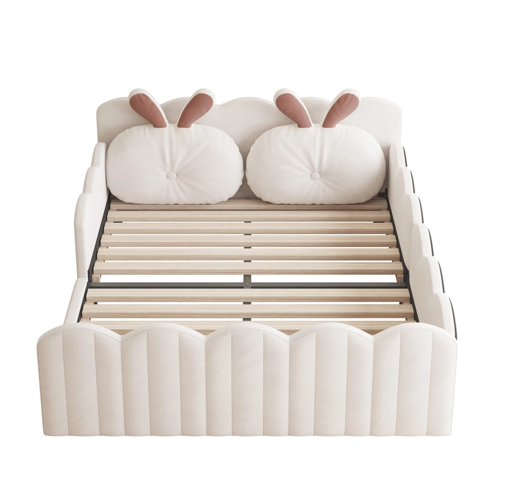 Letto a piattaforma imbottito 140x200 cm con cuscino a coniglio; beige