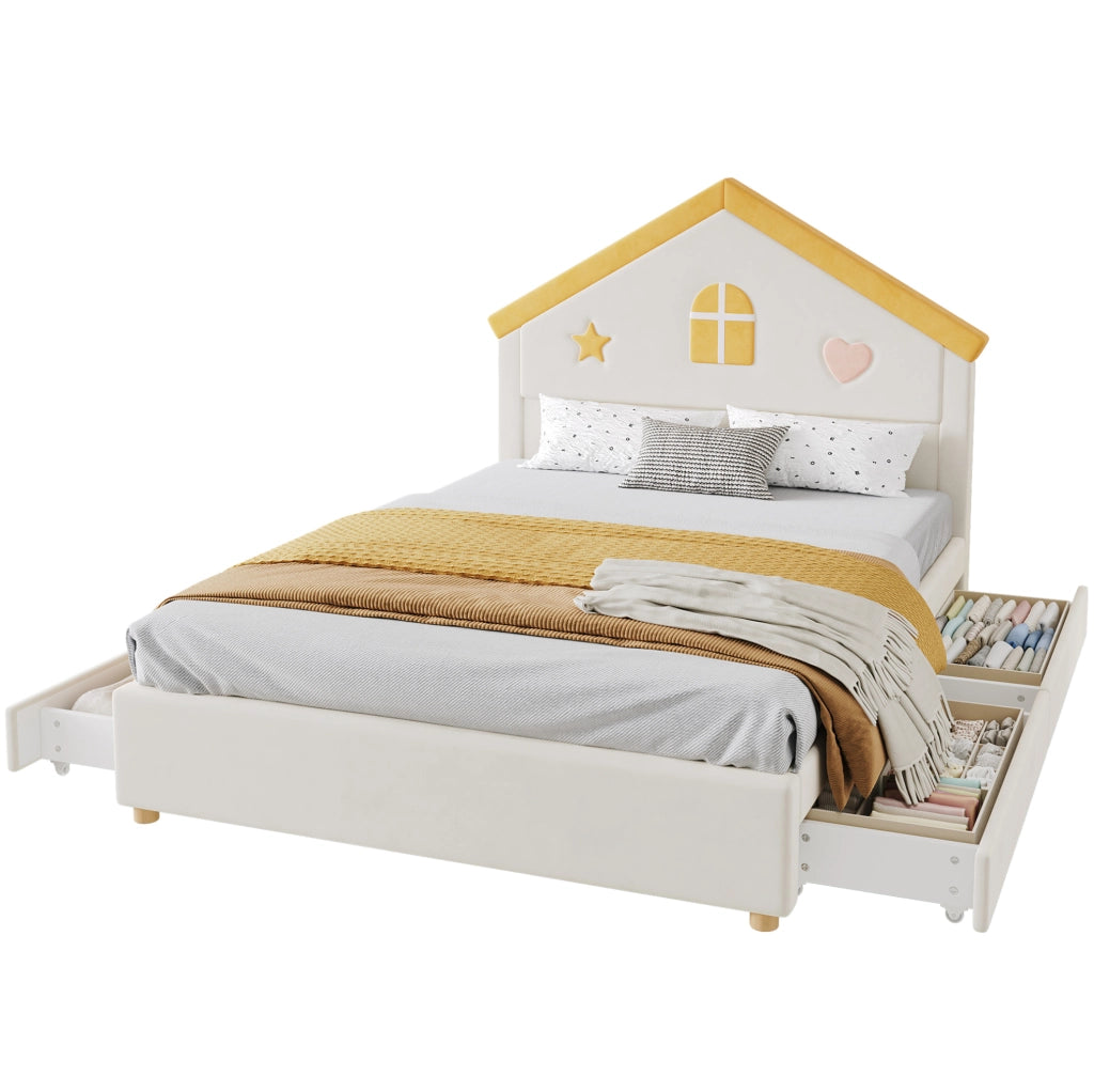 Letto per bambini 140x200 cm con struttura a casa, imbottito in velluto beige, con 4 cassetti contenitori