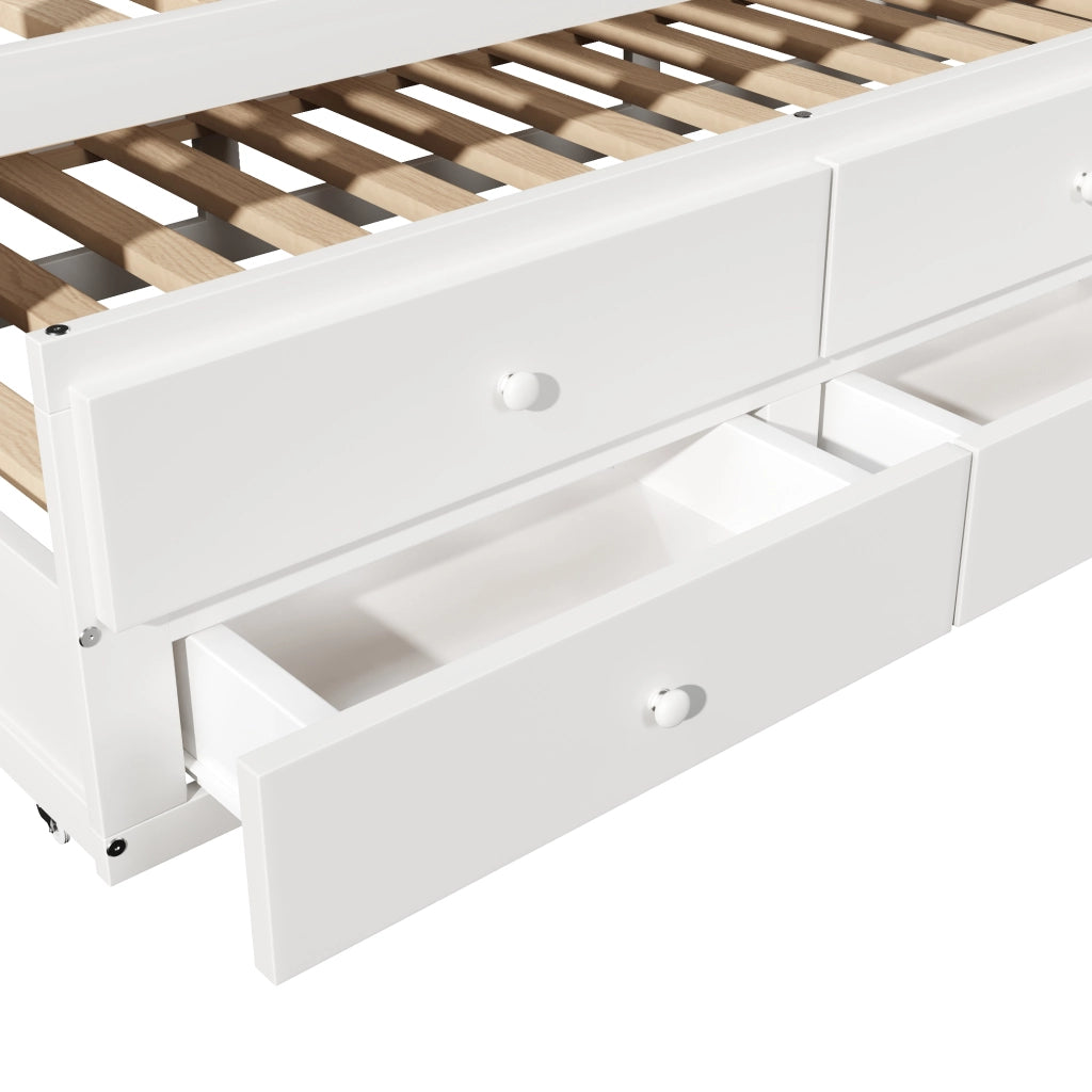 Letto con letto estraibile 90 × 200 cm con tre cassetti in legno e MDF bianco; letto estraibile 90 × 190 cm